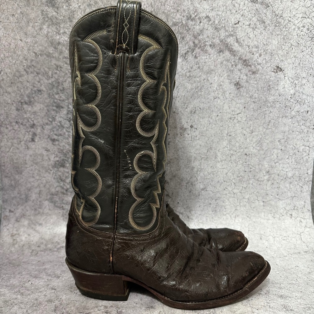 Tony Lama Cowboy Boots Mens 8D Brown El Rey Full Quill Ostrich Western Vintage